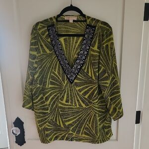 Michael Kors Green Leaf Print Blouse with Embellished Neckline